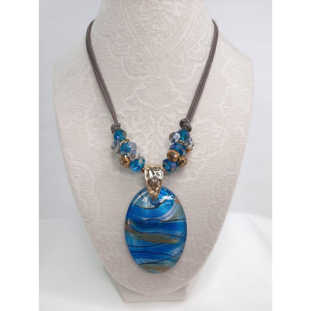 Large Glass Art Oval Pendant Necklace Wavy Sea Blue Faceted Stones Leather Cord